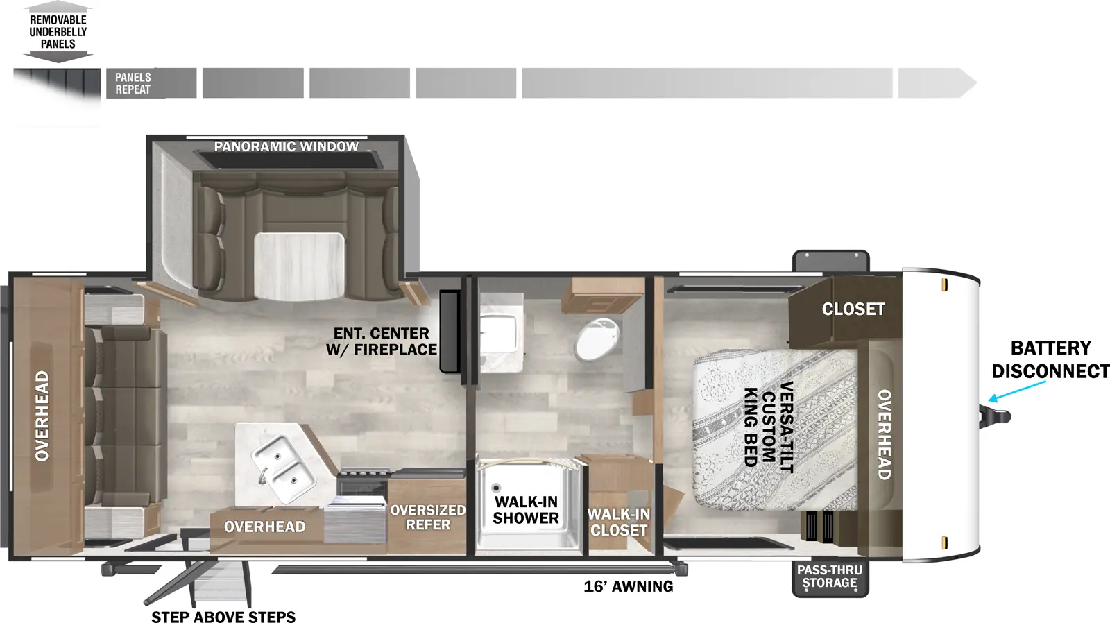 The Evo Southwest T2410RLL floorplan has one entry and one slide out. Exterior features include: metal exterior and 16' awning. Interiors features include: u-dinette, front bedroom, rear living and pass through bathroom.